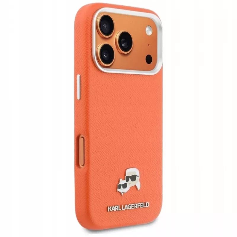Capa MagSafe Karl Lagerfeld Karl & Choupette Head Pins Saffiano para iPhone 17 Pro - Laranja