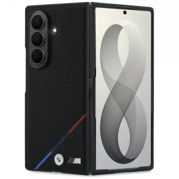 Capa MagSafe BMW M Leder perforiert com faixa tricolor e logótipos metálicos para Samsung Galaxy Z Fold8 Ultra – Preto