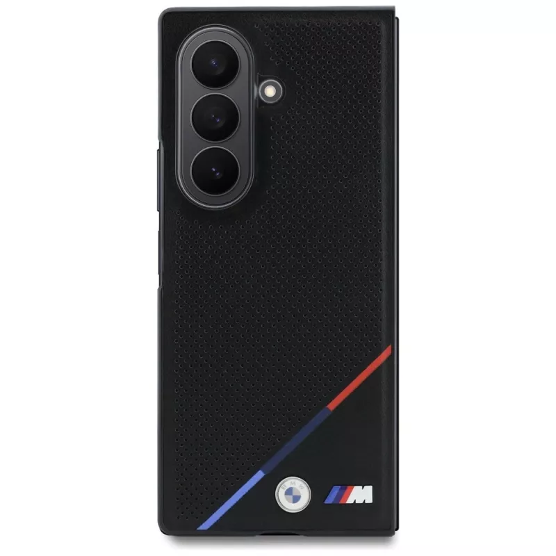 Capa MagSafe BMW M Leder perforiert com faixa tricolor e logótipos metálicos para Samsung Galaxy Z Fold8 Ultra – Preto