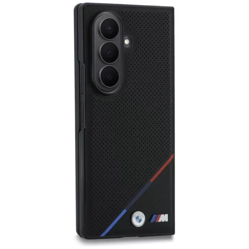 Capa MagSafe BMW M Leder perforiert com faixa tricolor e logótipos metálicos para Samsung Galaxy Z Fold8 Ultra – Preto