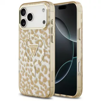 Capa MagSafe GUESS IML Leopard Glitter Triangle Logo para iPhone 18 Pro / 17 Pro, Castanho