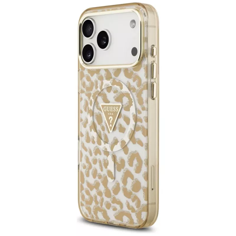 Capa MagSafe GUESS IML Leopard Glitter Triangle Logo para iPhone 18 Pro / 17 Pro, Castanho