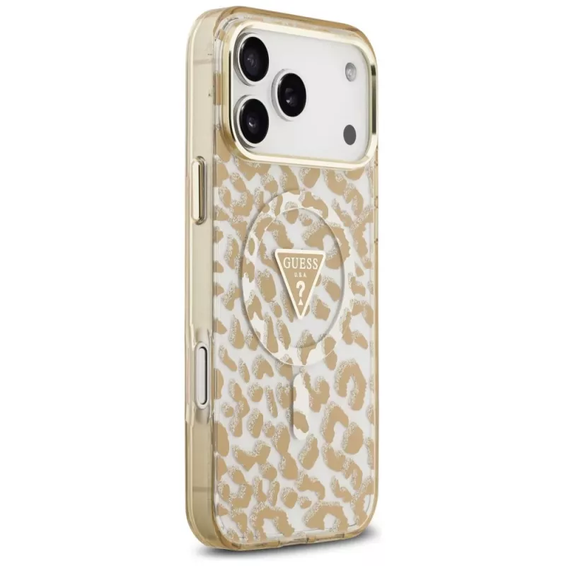 Capa MagSafe GUESS IML Leopard Glitter Triangle Logo para iPhone 18 Pro / 17 Pro, Castanho