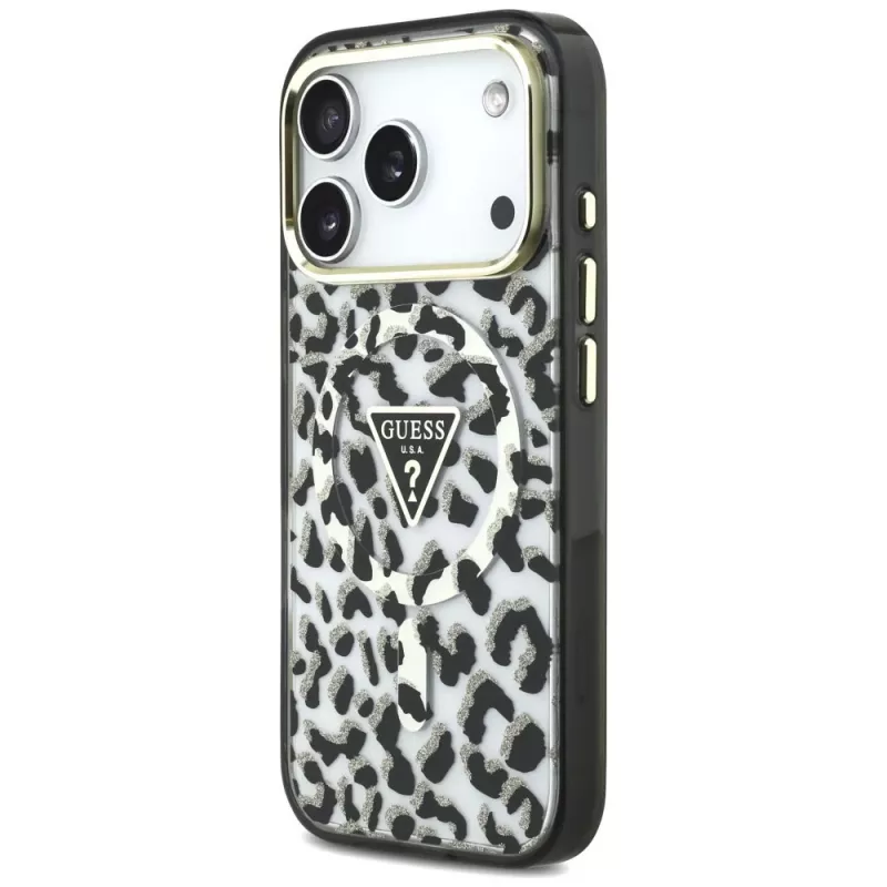 Capa MagSafe GUESS IML Leopard Glitter Triangle Logo para iPhone 18 Pro / 17 Pro - Preto
