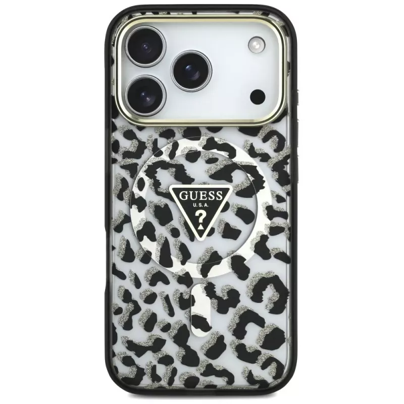 Capa MagSafe GUESS IML Leopard Glitter Triangle Logo para iPhone 18 Pro / 17 Pro - Preto
