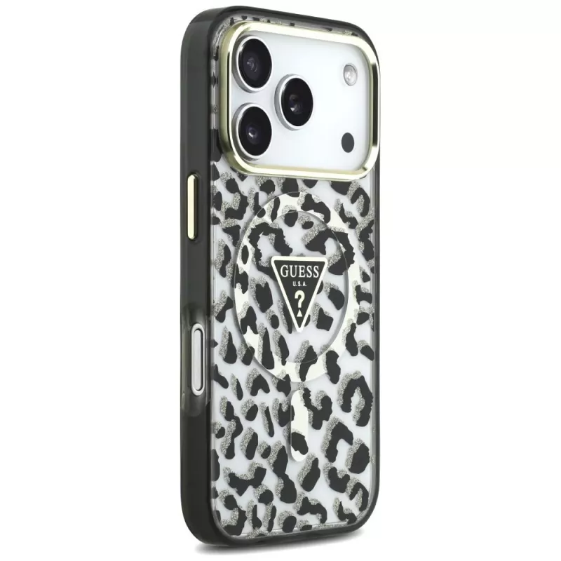 Capa MagSafe GUESS IML Leopard Glitter Triangle Logo para iPhone 18 Pro / 17 Pro - Preto