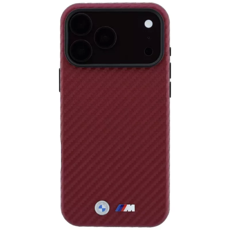 Capa MagSafe BMW M Carbon Metal Logo para iPhone 18 Pro / 17 Pro – Bordô
