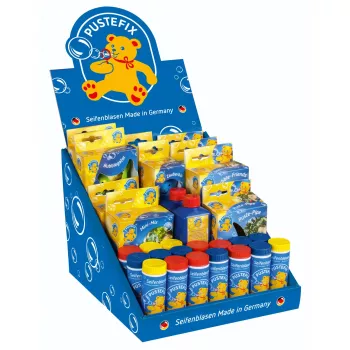 Expositor de balcão PUSTEFIX Mini – 24 x 42 ml de solução de bolas de sabão com paus, expositor de mesa para retalho