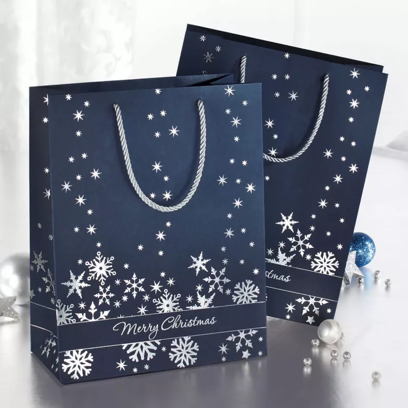 SIGEL GT110 conjunto de sacos de presente flocos de neve prateados, pack de 3, papel revestido, asas de cordão têxtil brancas, brilho metálico, para Natal e inverno, 230 x 180 x 100 mm