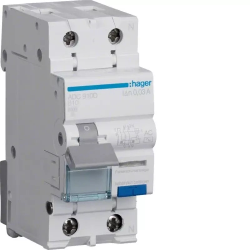 Hager ADC910D RCBO 2P 10A 30mA Tipo AC Interruptor diferencial com proteção contra sobrecorrente