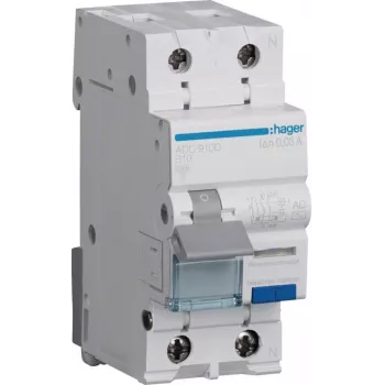 Hager ADC910D RCBO 2P 10A 30mA Tipo AC Interruptor diferencial com proteção contra sobrecorrente