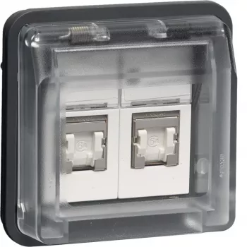 Tomada de dados HAGER WNA227 UAE, 8/8 polos blindada, Cat.6, W.1 IP55, cinzento