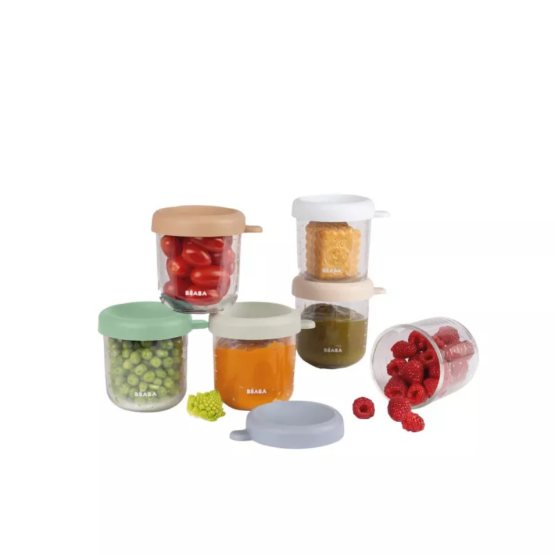 Conjunto de frascos de vidro para alimentos de bebé Beaba com tampas herméticas, 6 x 250 ml, mistura de cores naturais