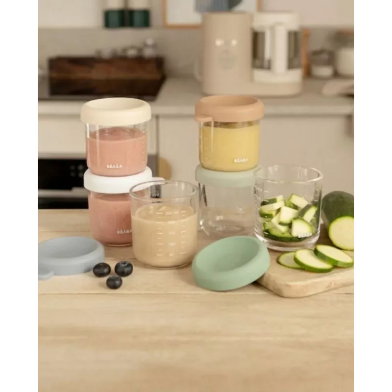 Conjunto de frascos de vidro para alimentos de bebé Beaba com tampas herméticas, 6 x 250 ml, mistura de cores naturais