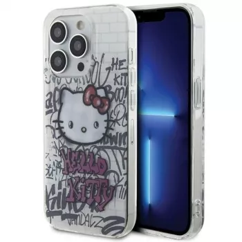 Capa rígida Hello Kitty HKHCP15LHDGPHT para iPhone 15 Pro IML Kitty On Bricks Graffiti Branca