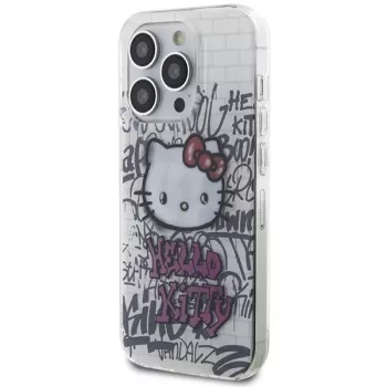 Capa rígida Hello Kitty HKHCP15LHDGPHT para iPhone 15 Pro IML Kitty On Bricks Graffiti Branca