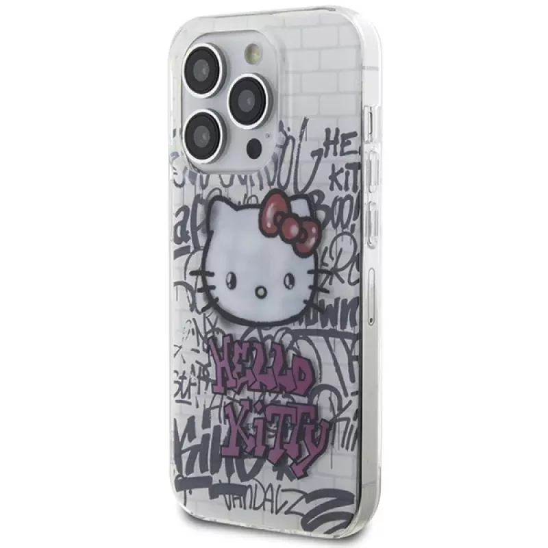 Capa rígida Hello Kitty HKHCP15LHDGPHT para iPhone 15 Pro IML Kitty On Bricks Graffiti Branca