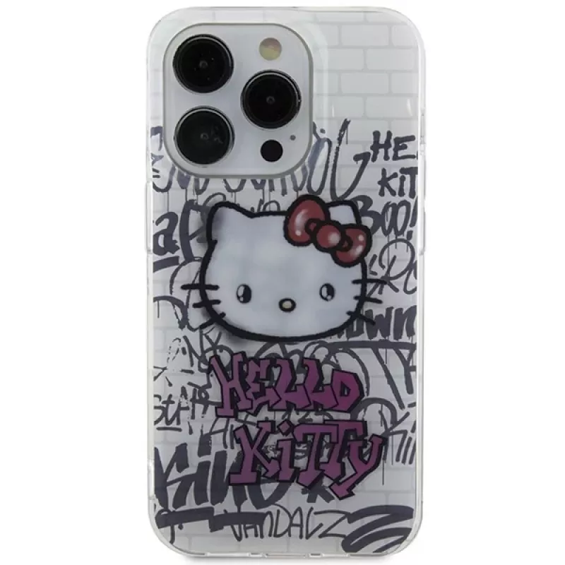 Capa rígida Hello Kitty HKHCP15LHDGPHT para iPhone 15 Pro IML Kitty On Bricks Graffiti Branca