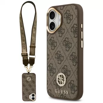 GUESS Capa MagSafe 4G Strass Logo e Big Strap com botões metálicos para iPhone 17 - Castanho
