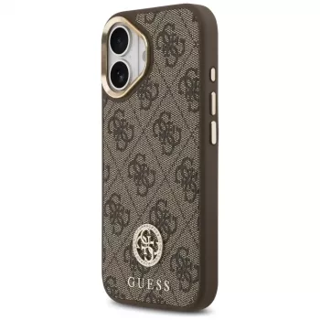 GUESS Capa MagSafe 4G Strass Logo e Big Strap com botões metálicos para iPhone 17 - Castanho