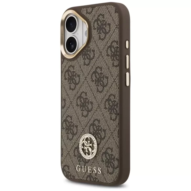 GUESS Capa MagSafe 4G Strass Logo e Big Strap com botões metálicos para iPhone 17 - Castanho