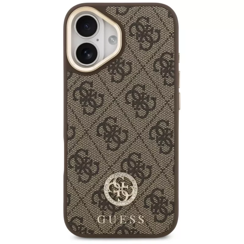 GUESS Capa MagSafe 4G Strass Logo e Big Strap com botões metálicos para iPhone 17 - Castanho