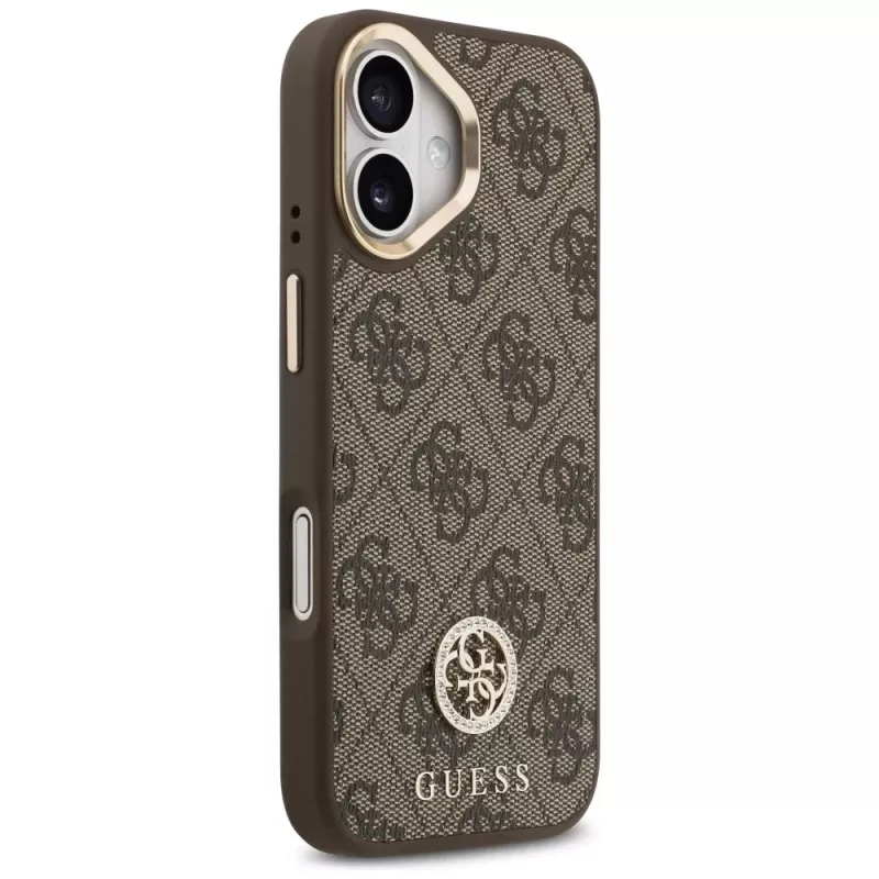 GUESS Capa MagSafe 4G Strass Logo e Big Strap com botões metálicos para iPhone 17 - Castanho