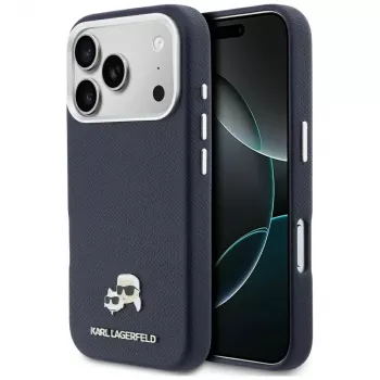 Karl Lagerfeld Capa MagSafe Karl & Choupette Head Pins Saffiano para iPhone 17 Pro - Azul