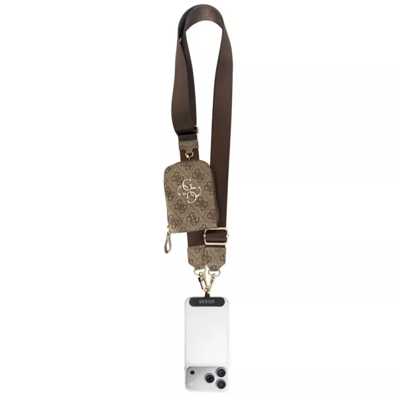 Bolsa pequena Guess 4G Metal Logo Universal Crossbody com alça para telemóvel - castanha