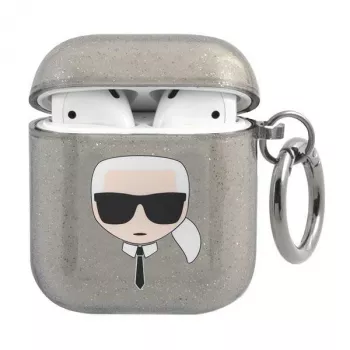 Capa Karl Lagerfeld KLA2UKHGK para AirPods 1/2 preta com glitter da cabeça do Karl