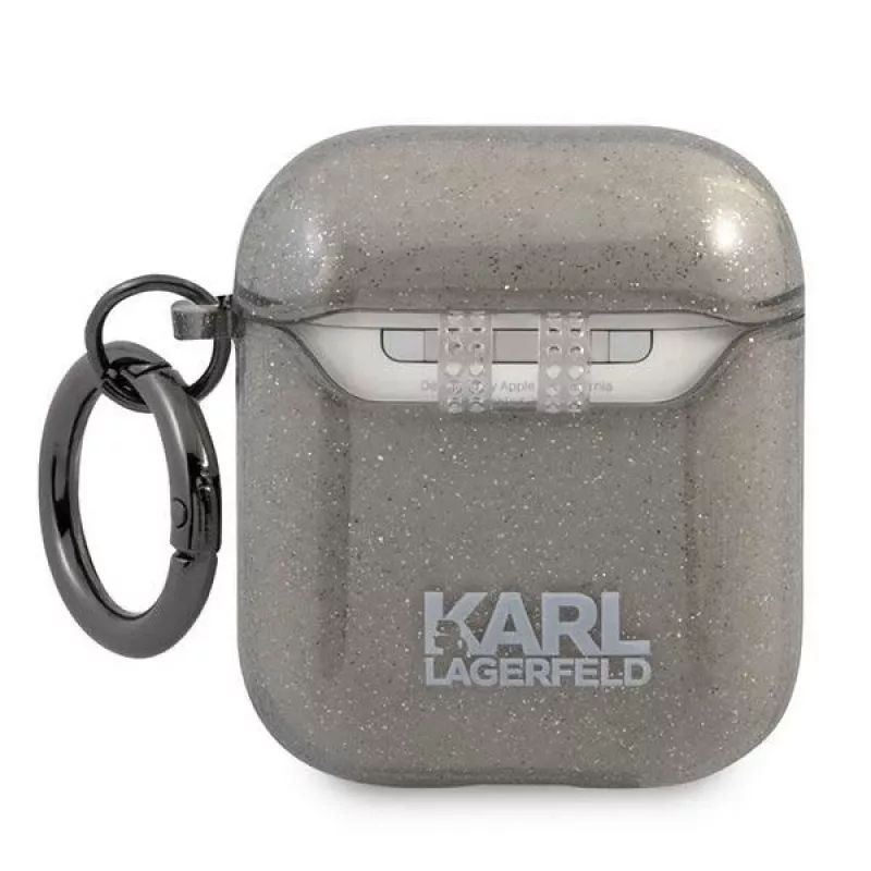 Capa Karl Lagerfeld KLA2UKHGK para AirPods 1/2 preta com glitter da cabeça do Karl