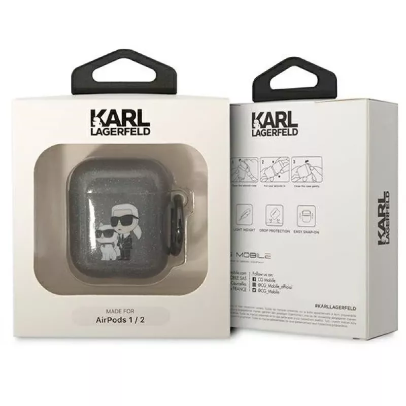 Capa Karl Lagerfeld KLA2HNKCTGK para AirPods 1/2 preta com glitter Karl & Choupette