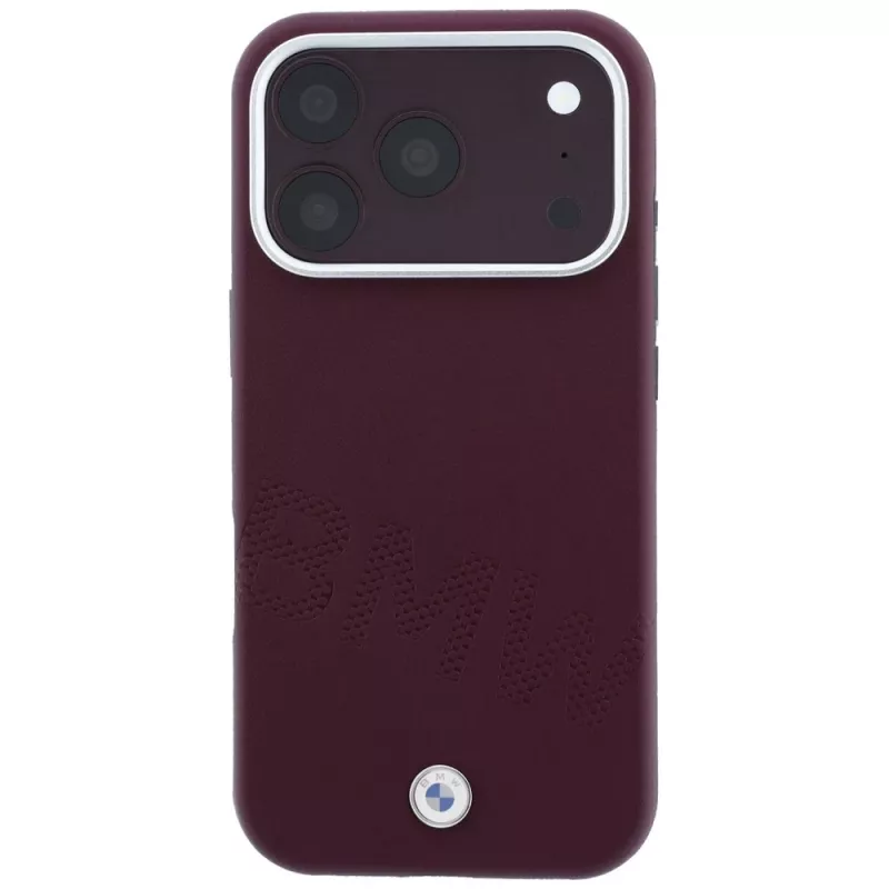Capa MagSafe BMW Signature Collection com letras em relevo inclinadas para iPhone 15 Pro - borgonha