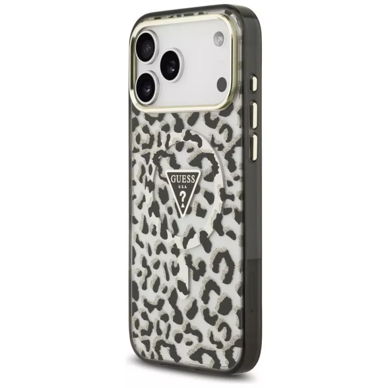 Capa MagSafe GUESS IML Leopard Glitter Triangle Logo para iPhone 18 Pro Max / 17 Pro Max - preto