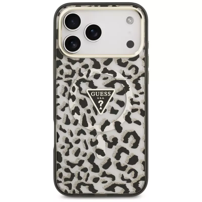 Capa MagSafe GUESS IML Leopard Glitter Triangle Logo para iPhone 18 Pro Max / 17 Pro Max - preto