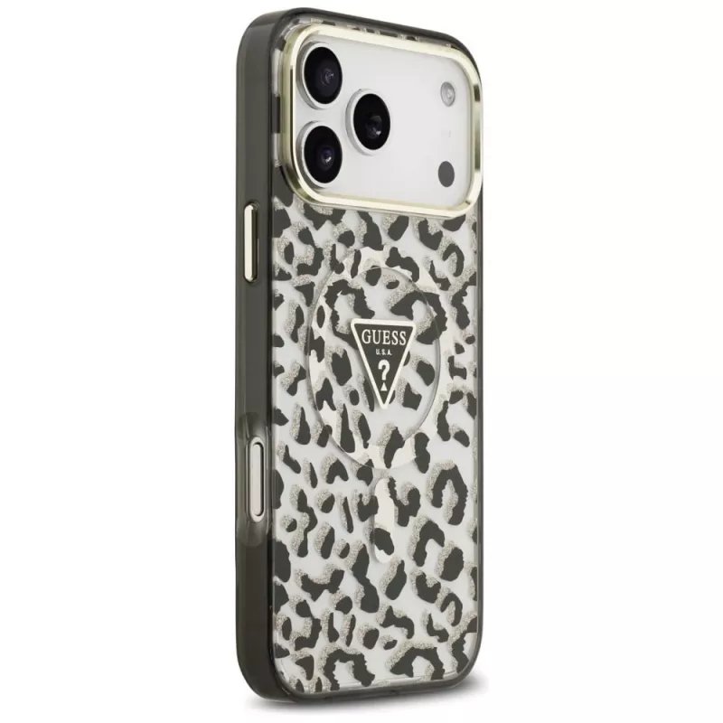 Capa MagSafe GUESS IML Leopard Glitter Triangle Logo para iPhone 18 Pro Max / 17 Pro Max - preto
