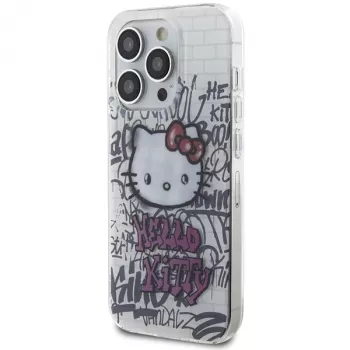 Capa rígida Hello Kitty HKHCP15XHDGPHT para iPhone 15 Pro Max 6,7 polegadas, branca, IML Kitty On Bricks Graffiti