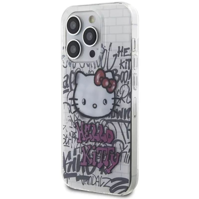 Capa rígida Hello Kitty HKHCP15XHDGPHT para iPhone 15 Pro Max 6,7 polegadas, branca, IML Kitty On Bricks Graffiti