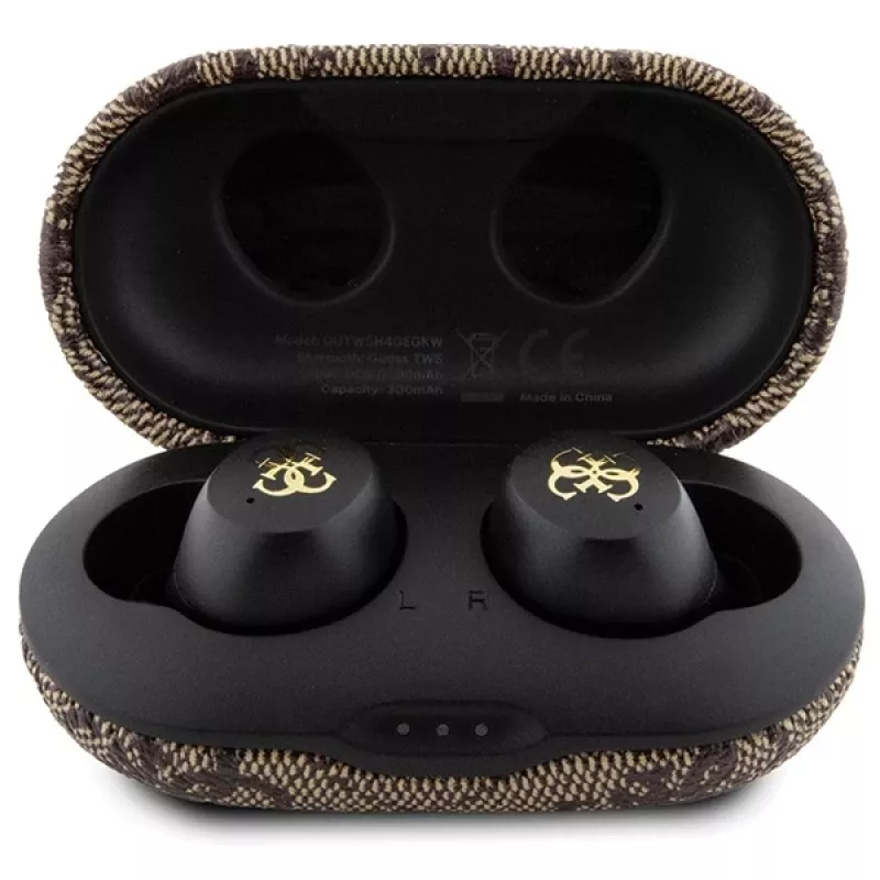 Auscultadores True Wireless Guess GUTWSP4EGW com estojo de carregamento, Bluetooth 5.3, ENC, castanho 4G Metal