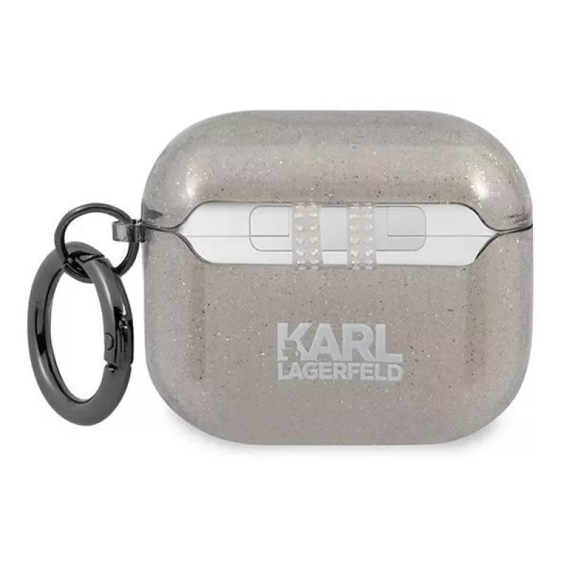 Capa Karl Lagerfeld KLA3UKHGK para AirPods 3 preta com brilho e cabeça do Karl