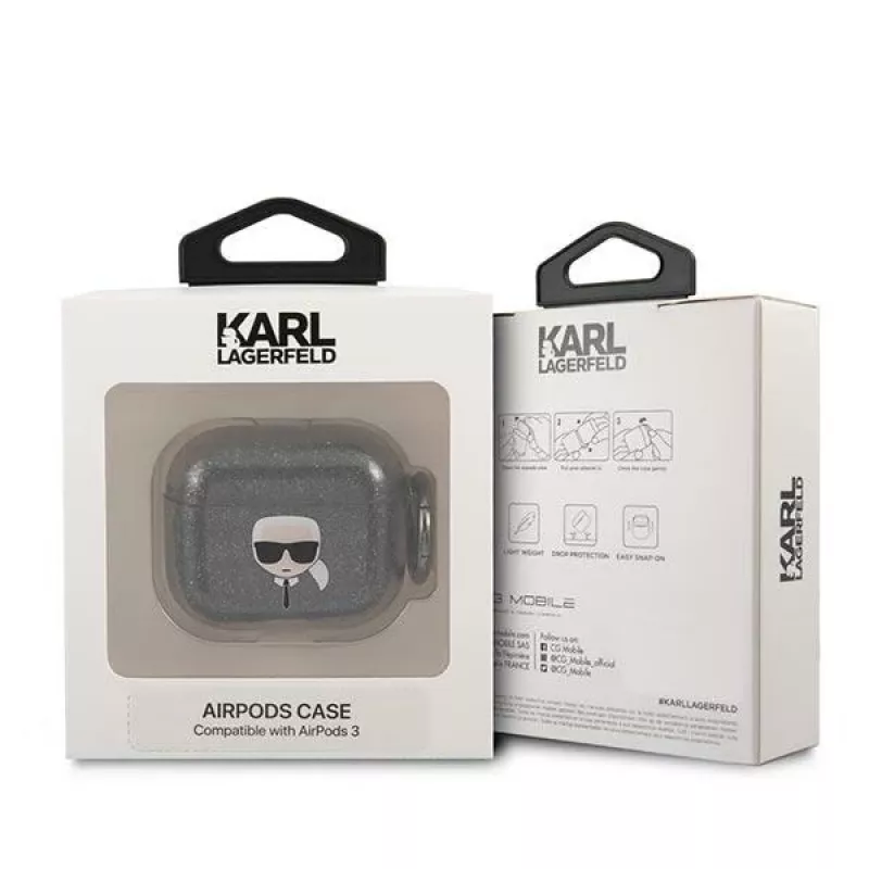 Capa Karl Lagerfeld KLA3UKHGK para AirPods 3 preta com brilho e cabeça do Karl