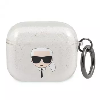 Capa Karl Lagerfeld KLA3UKHGS para AirPods 3 prateada com brilho e cabeça do Karl