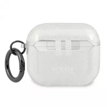 Capa Karl Lagerfeld KLA3UKHGS para AirPods 3 prateada com brilho e cabeça do Karl