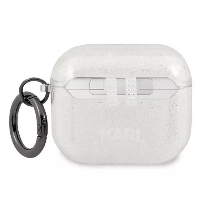Capa Karl Lagerfeld KLA3UKHGS para AirPods 3 prateada com brilho e cabeça do Karl