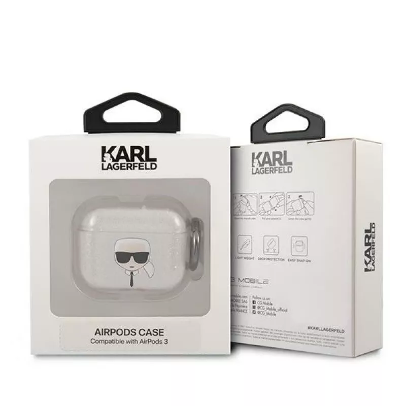 Capa Karl Lagerfeld KLA3UKHGS para AirPods 3 prateada com brilho e cabeça do Karl