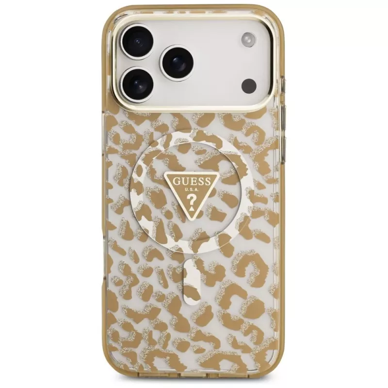 Capa MagSafe GUESS IML Leopard Glitter Triangle Logo para iPhone 18 Pro Max / 17 Pro Max - castanha