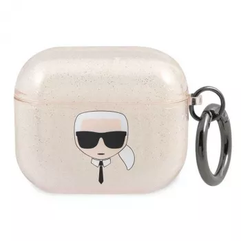 Capa Karl Lagerfeld KLA3UKHGD para AirPods 3 dourada com brilho e cabeça do Karl