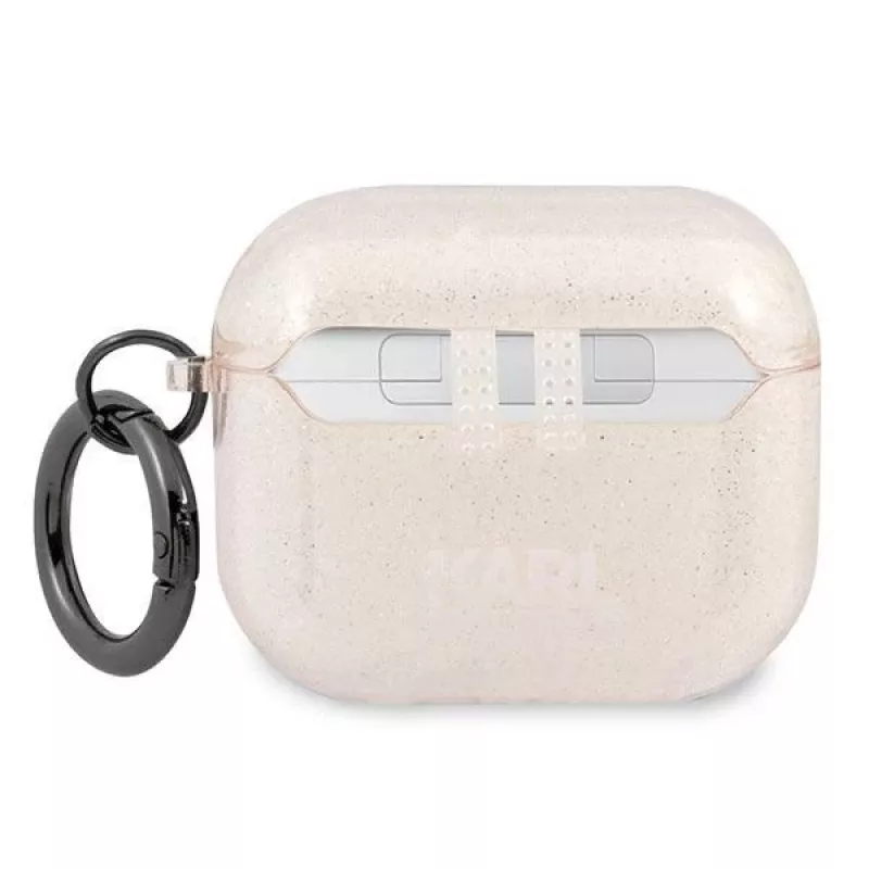 Capa Karl Lagerfeld KLA3UKHGD para AirPods 3 dourada com brilho e cabeça do Karl