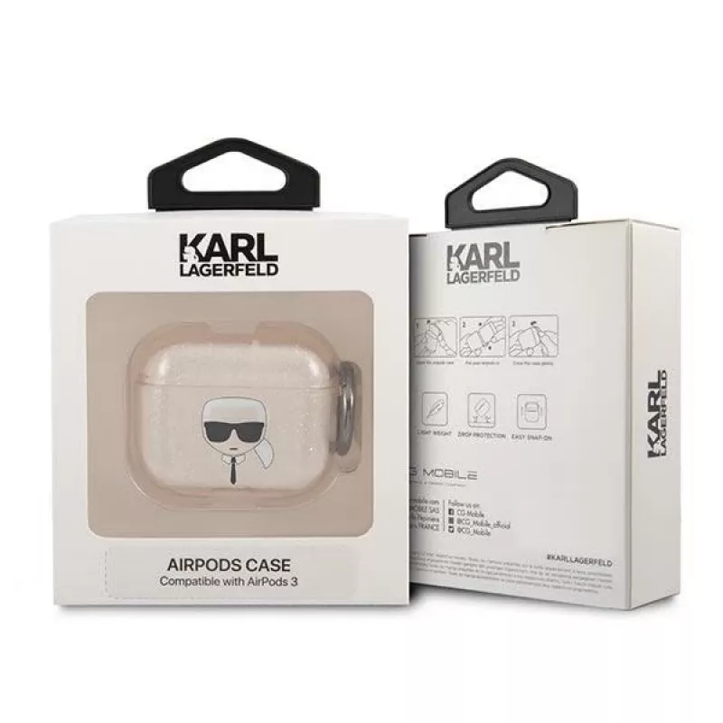 Capa Karl Lagerfeld KLA3UKHGD para AirPods 3 dourada com brilho e cabeça do Karl