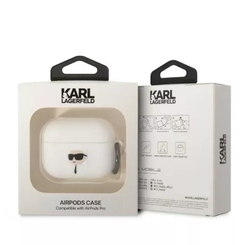 Capa Karl Lagerfeld KLAPRUNIKH para AirPods Pro branca em silicone com cabeça do Karl 3D